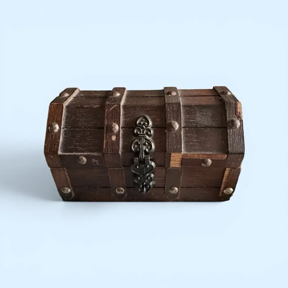 Wooden Pirate Style Jewelry Box Velvet Lined Removable Tray Decorative Lock